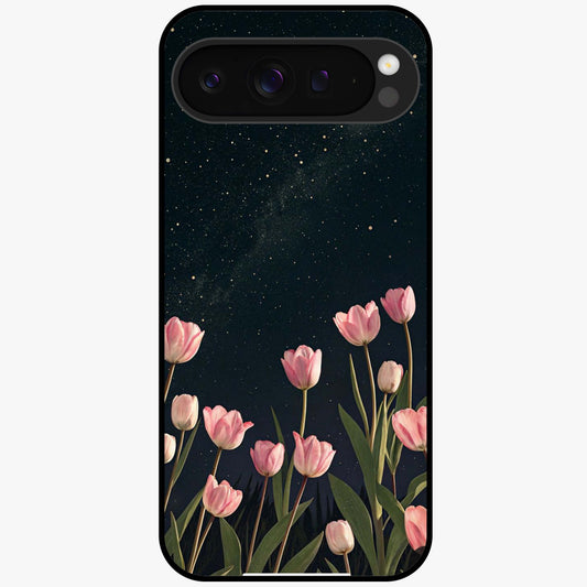 Midnight Tulip Whispers Vibe Glass Case showing flat back view with elegant tulip flower artwork and glossy glass finish.