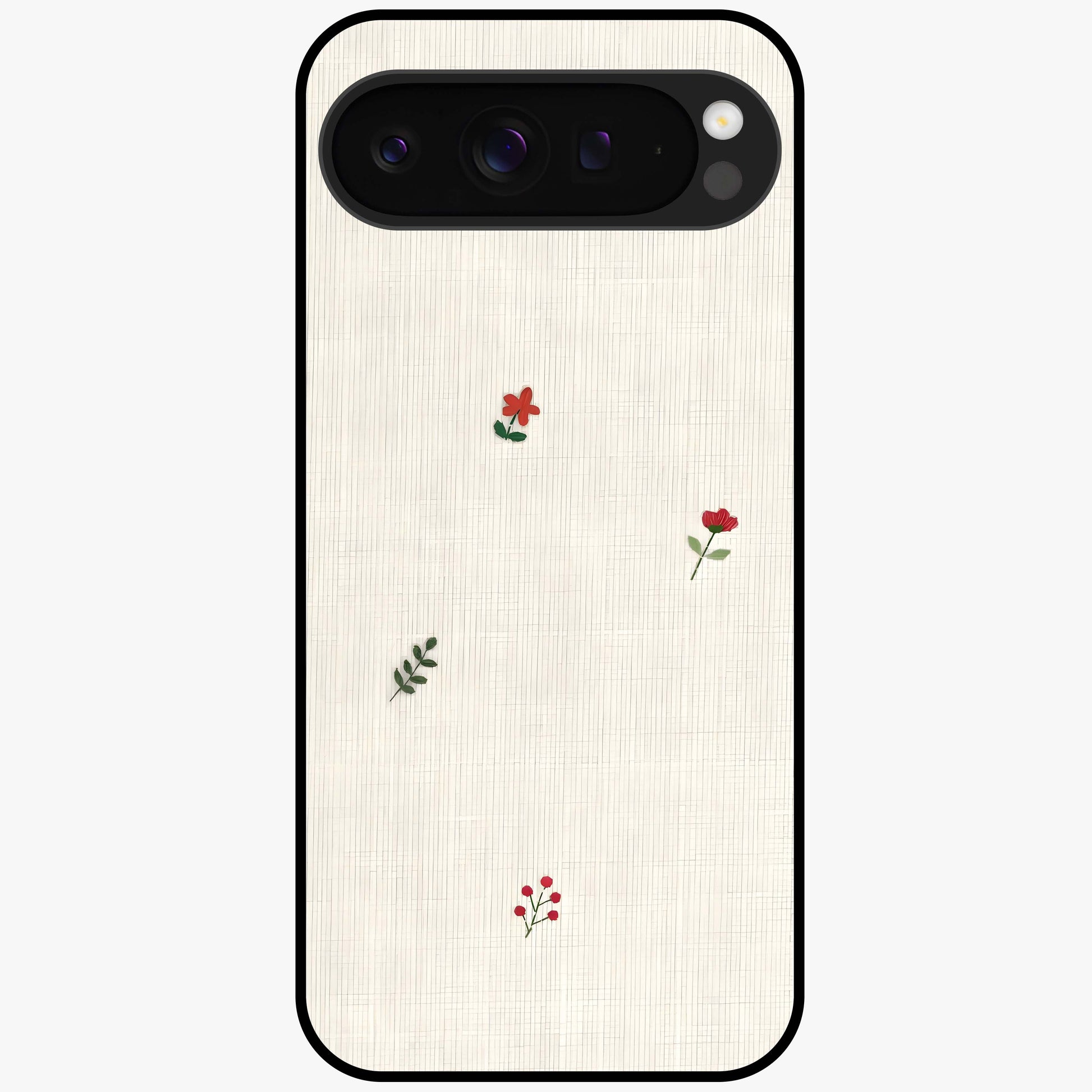 Minimal Petal Whispers Glass Case showing flat back view with soft minimal floral artwork and glossy glass finish.