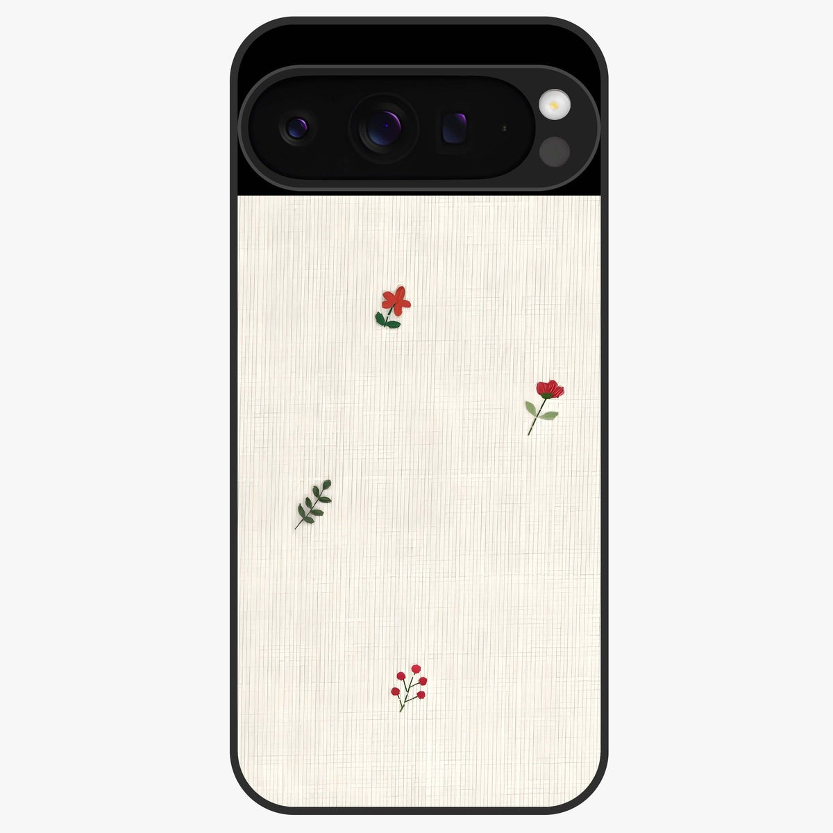 Minimal Petal Whispers Glass Case showing flat back view with soft minimal floral artwork and glossy glass finish.