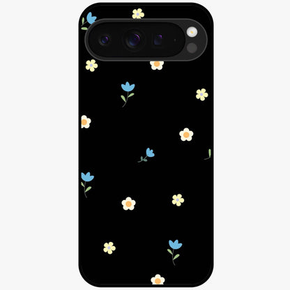 Minimalistic Blue With White Flower Pattern Glass Case showing flat back view with blue background and white flower pattern and glossy glass finish.