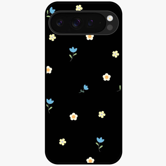 Minimalistic Blue With White Flower Pattern Glass Case showing flat back view with blue background and white flower pattern and glossy glass finish.