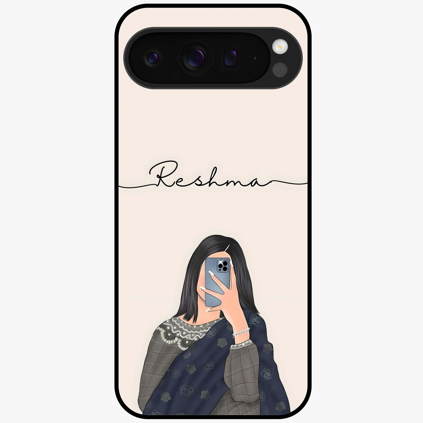 Mirror Mood Muse With Custom Name Glass Case showing flat back view with stylish mirrored artwork and personalized name design.