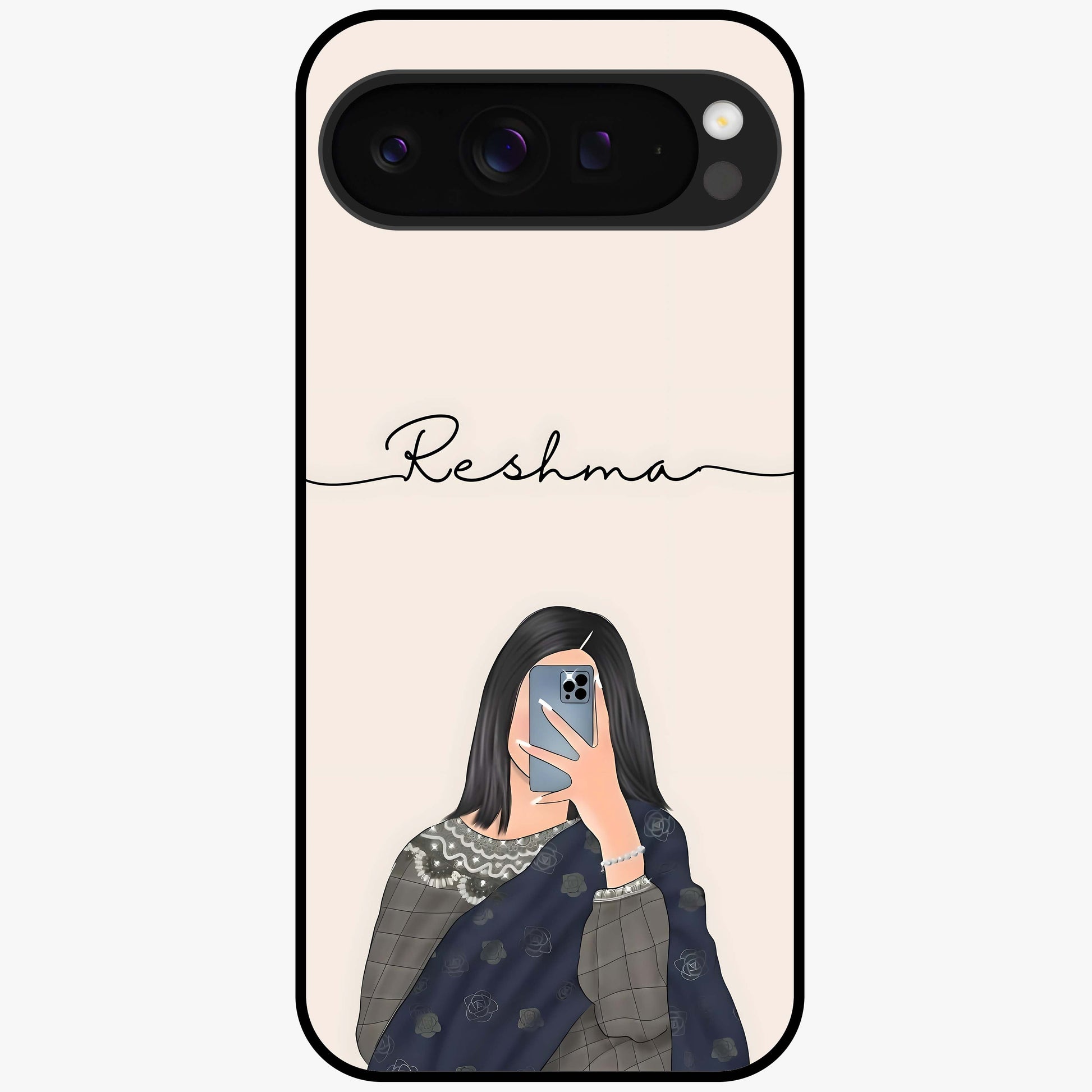 Mirror Mood Muse With Custom Name Glass Case showing flat back view with stylish mirrored artwork and personalized name design.
