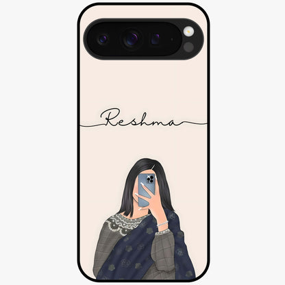 Mirror Mood Muse With Custom Name Glass Case showing flat back view with stylish mirrored artwork and personalized name design.