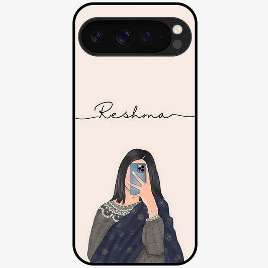 Mirror Mood Muse With Custom Name Glass Case showing flat back view with stylish mirrored artwork and personalized name design.