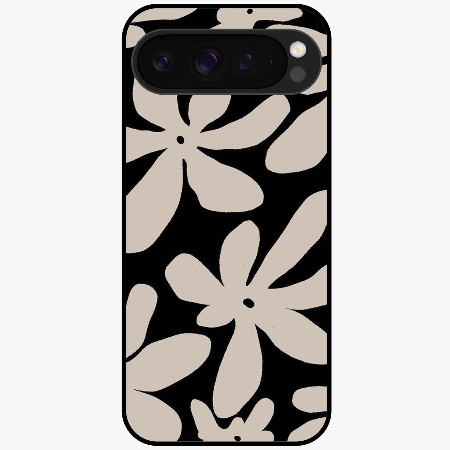 Monochrome Petal Dance Glass Case showing flat back view with monochrome floral artwork and glossy glass finish.