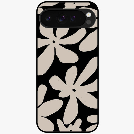 Monochrome Petal Dance Glass Case showing flat back view with monochrome floral artwork and glossy glass finish.