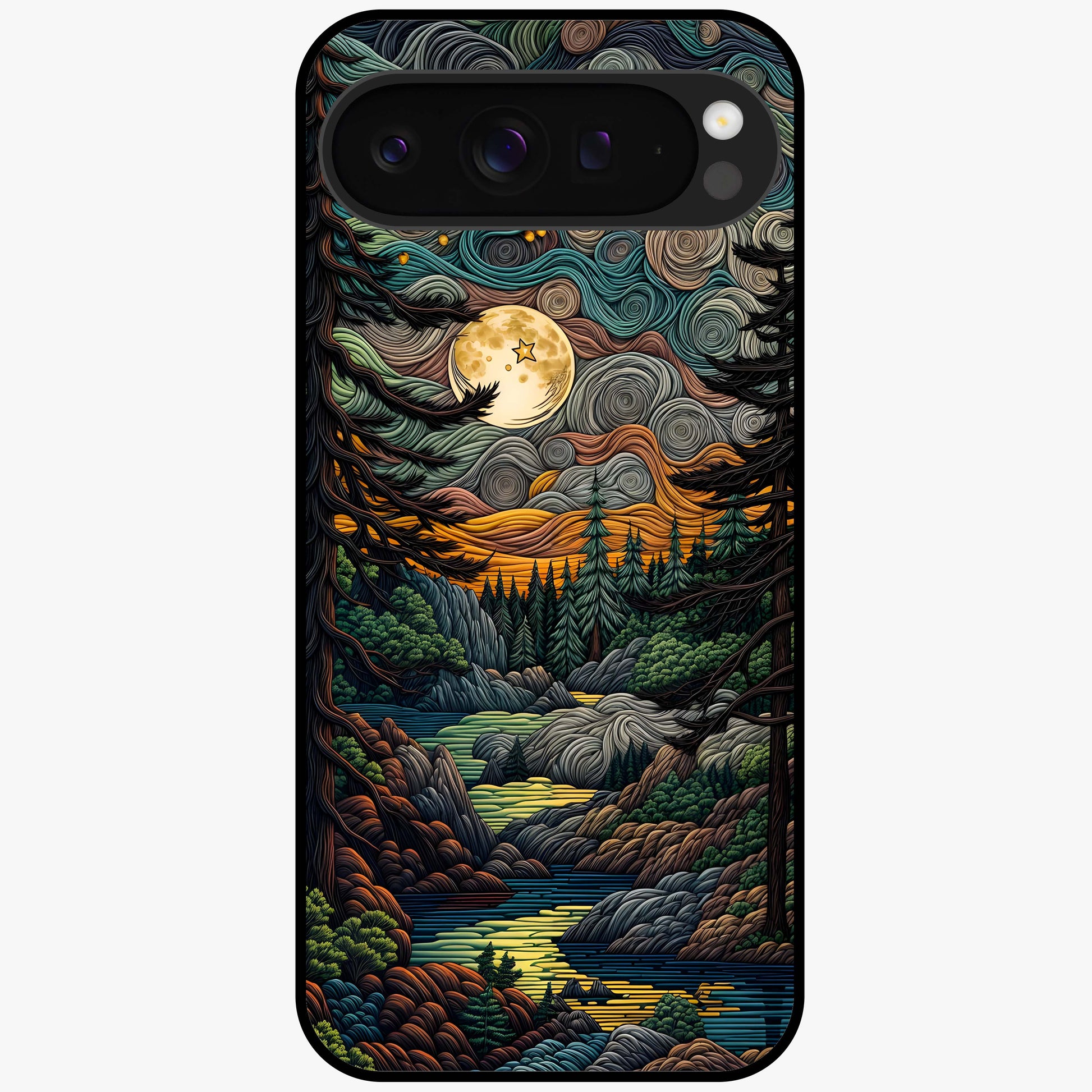 Moonlight Forest Dream Glass Case showing flat back view with mystical forest moonlight artwork and glossy glass finish.