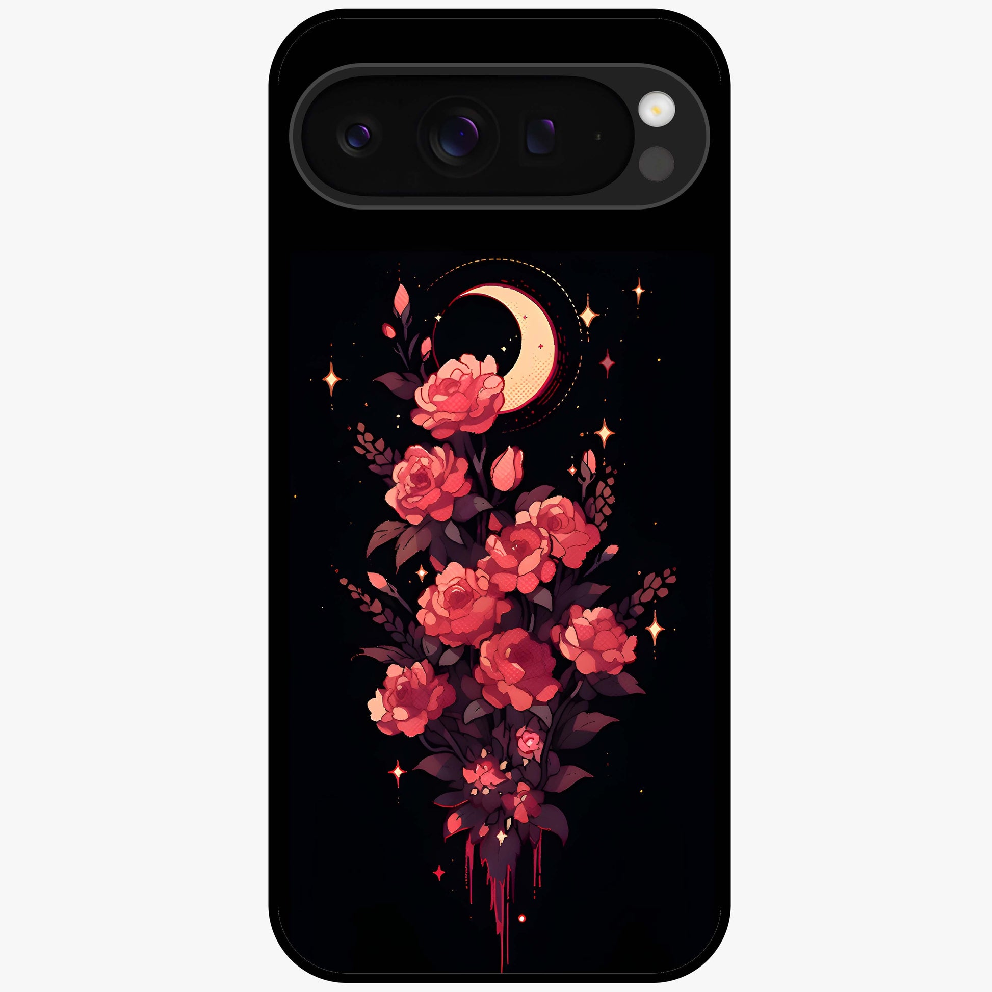 Moonlit Floral Elegance Glass Case showing flat back view with elegant floral artwork under moonlit tones and glossy glass finish.