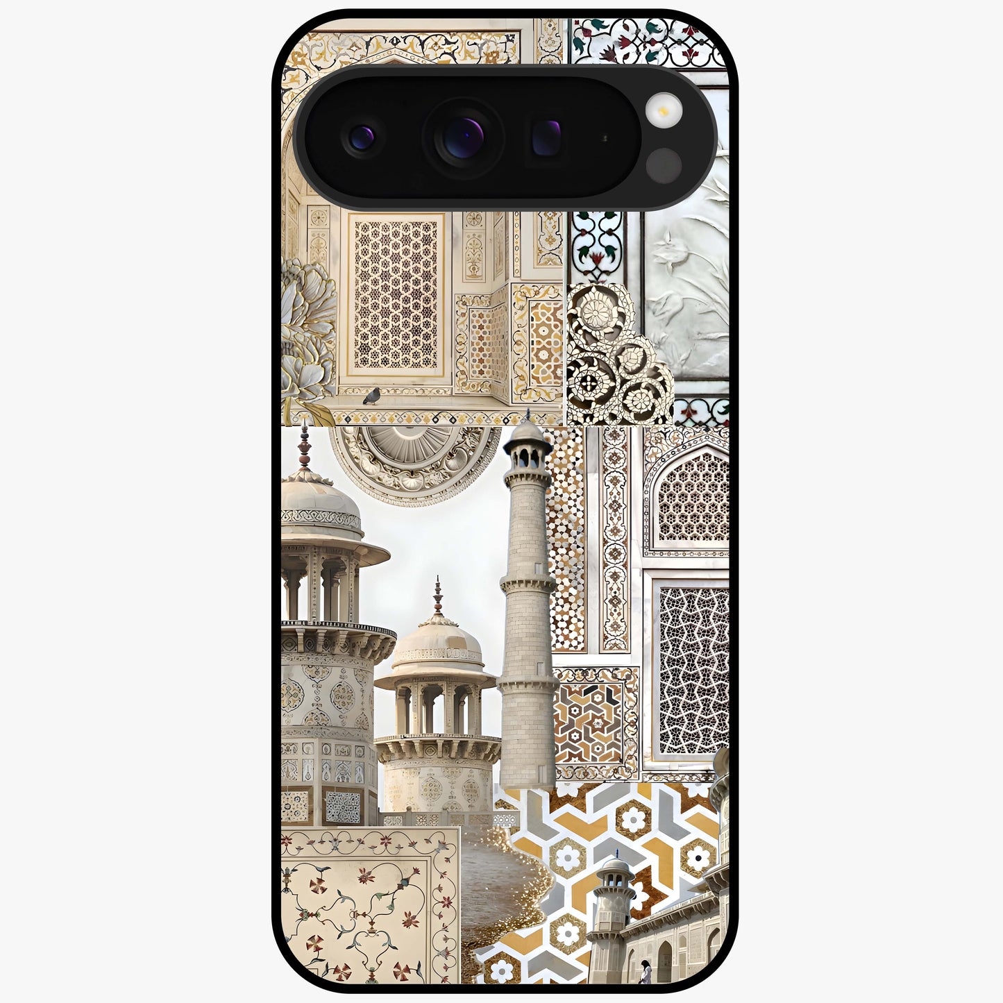 Mughal Marble Legacy Glass Case showing flat back view with intricate Mughal inspired marble pattern and glossy glass finish.