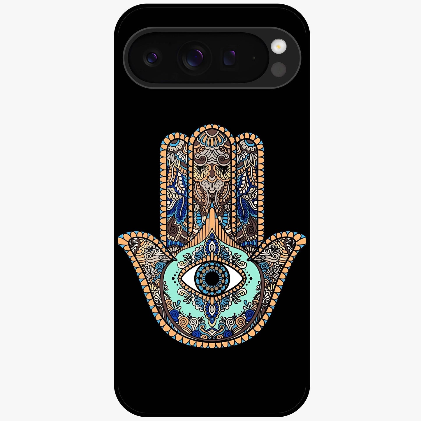 Mystic Hamsa Eye Glass Case showing flat back view with protective hamsa hand and evil eye artwork and glossy glass finish.