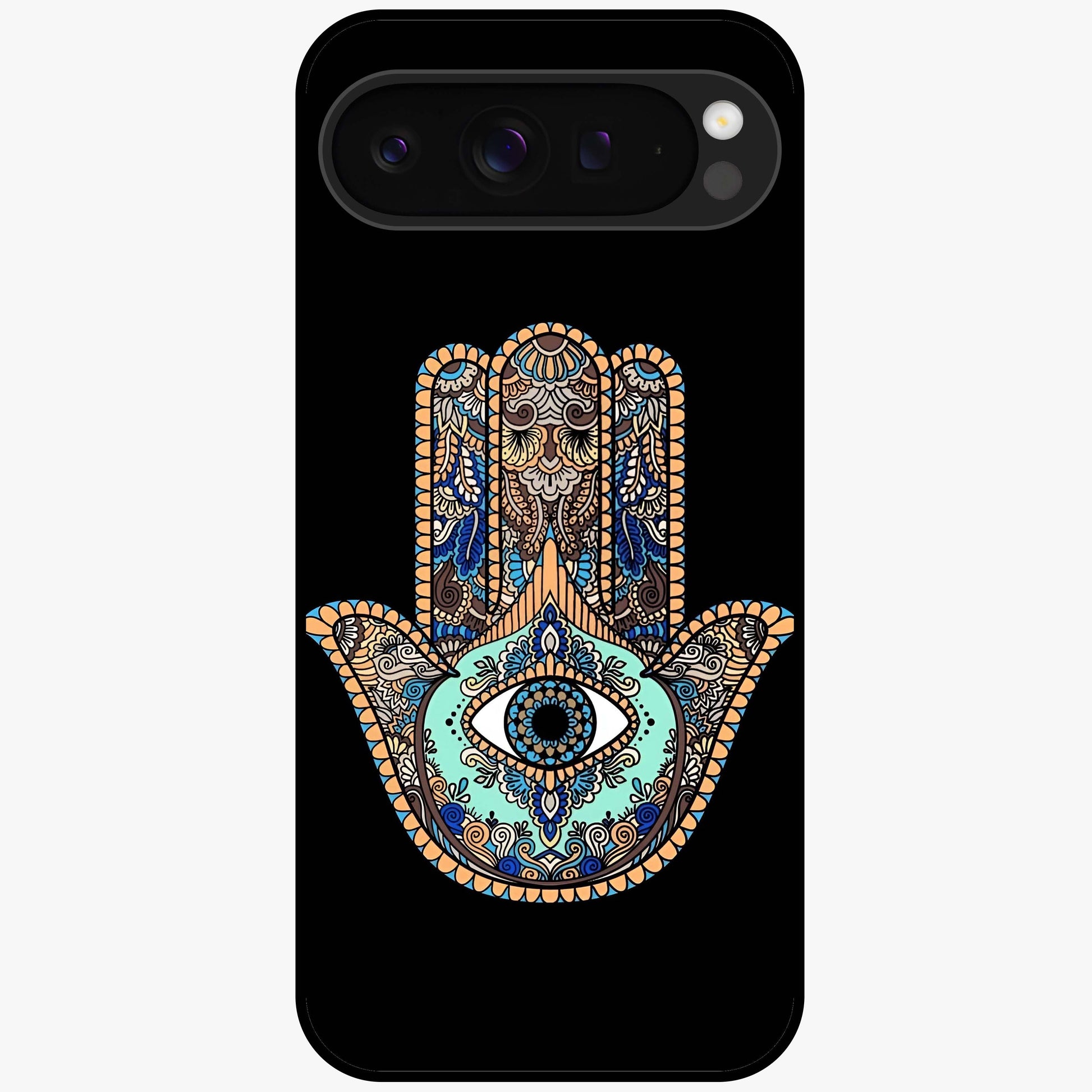 Mystic Hamsa Eye Glass Case showing flat back view with protective hamsa hand and evil eye artwork and glossy glass finish.
