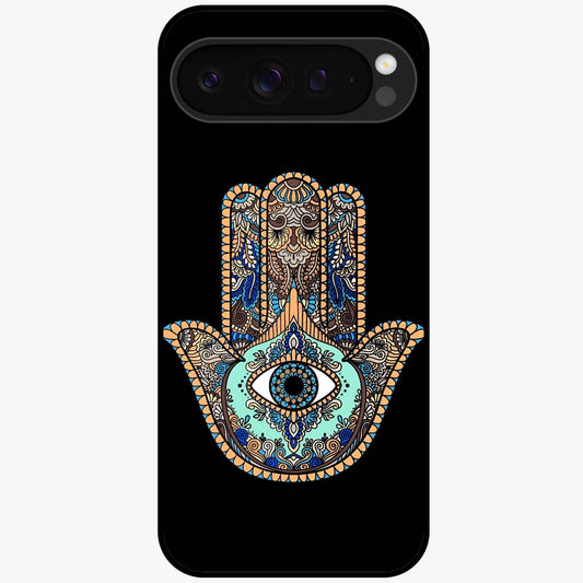 Mystic Hamsa Eye Glass Case showing flat back view with protective hamsa hand and evil eye artwork and glossy glass finish.