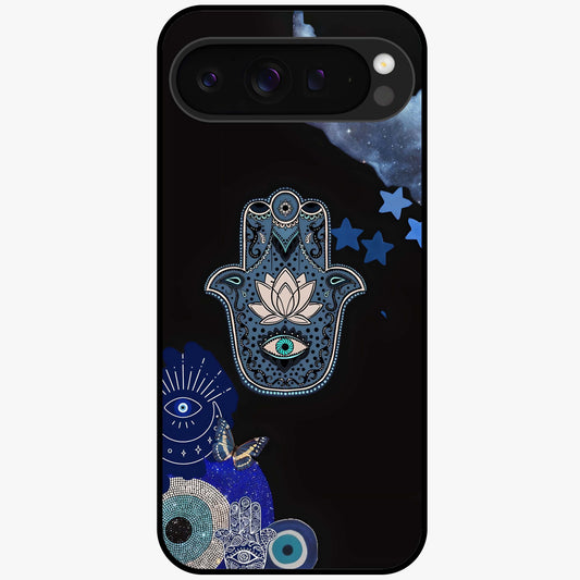 Mystic Hand Aura Glass Case showing flat back view with mystical hand symbol artwork and glossy glass finish.