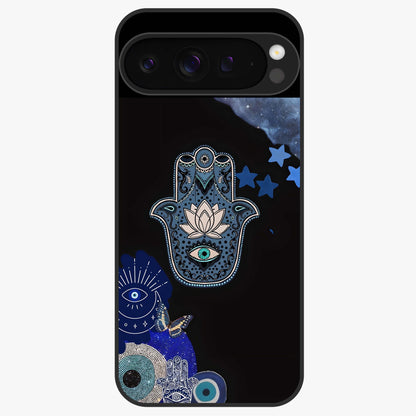 Mystic Hand Aura Glass Case showing flat back view with mystical hand symbol artwork and glossy glass finish.