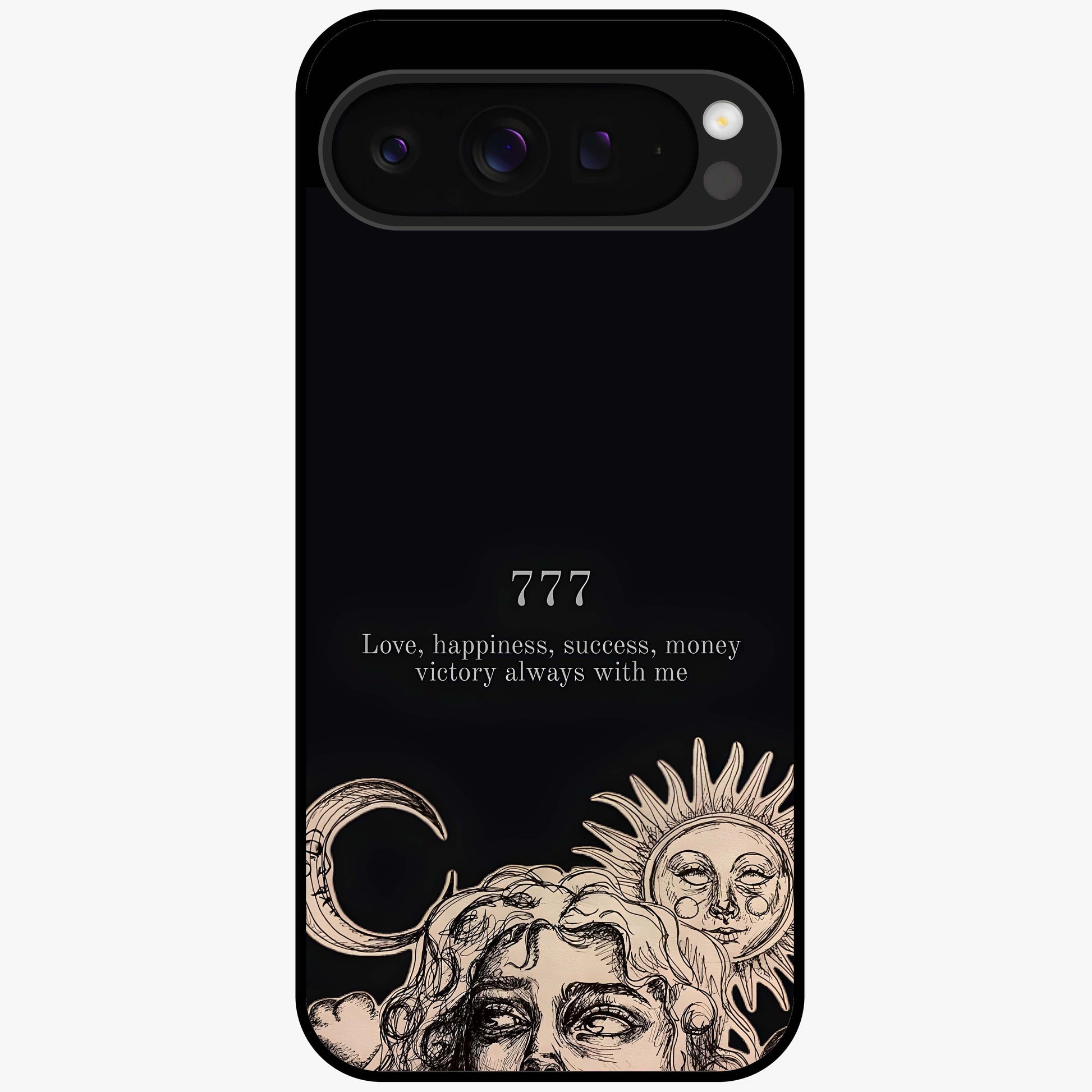 Mystic Victory Aura Glass Case showing flat back view with victory symbol artwork and glossy glass finish.