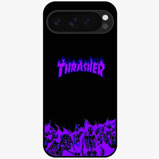 Neon Flame Riot Glass Case showing flat back view with neon flame artwork and glossy glass finish.