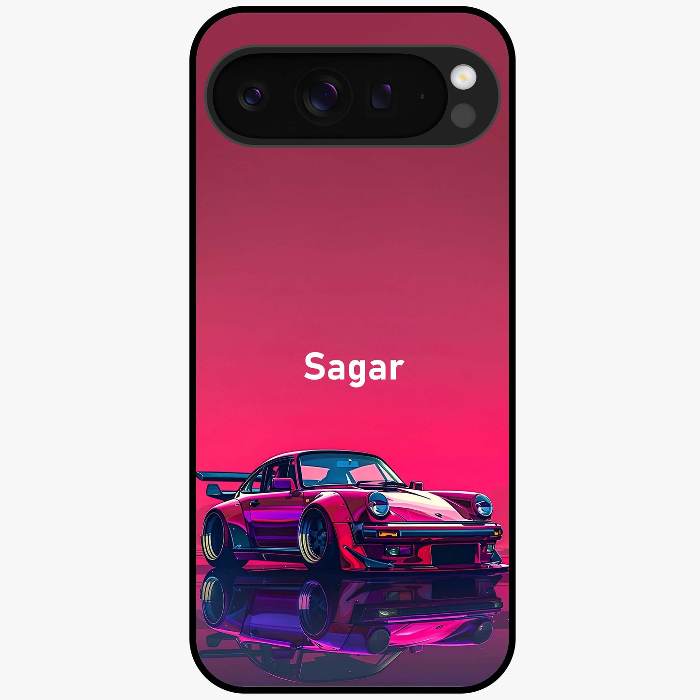 Neon Pink Porsche Glass Case showing flat back view with stylish sports car artwork and glossy glass finish.