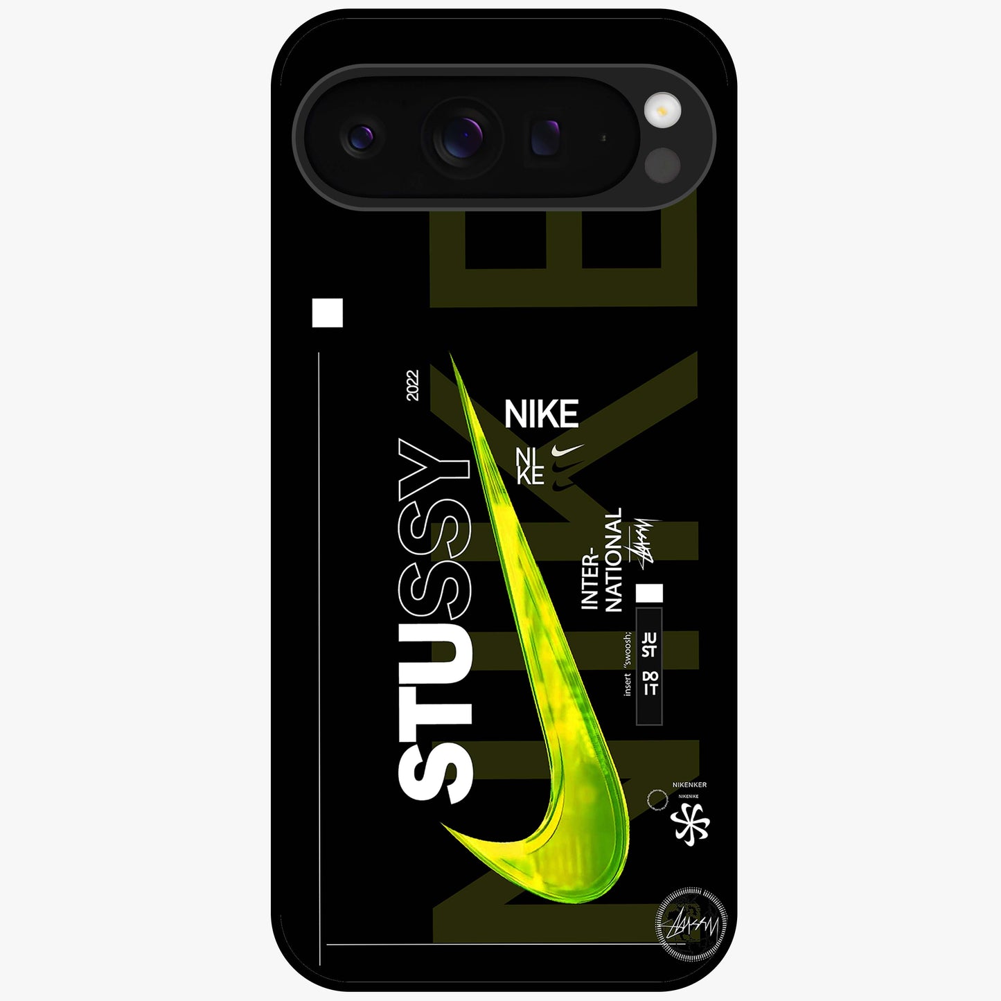 Neon Street Edition Glass Case showing flat back view with neon street style artwork and glossy glass finish.