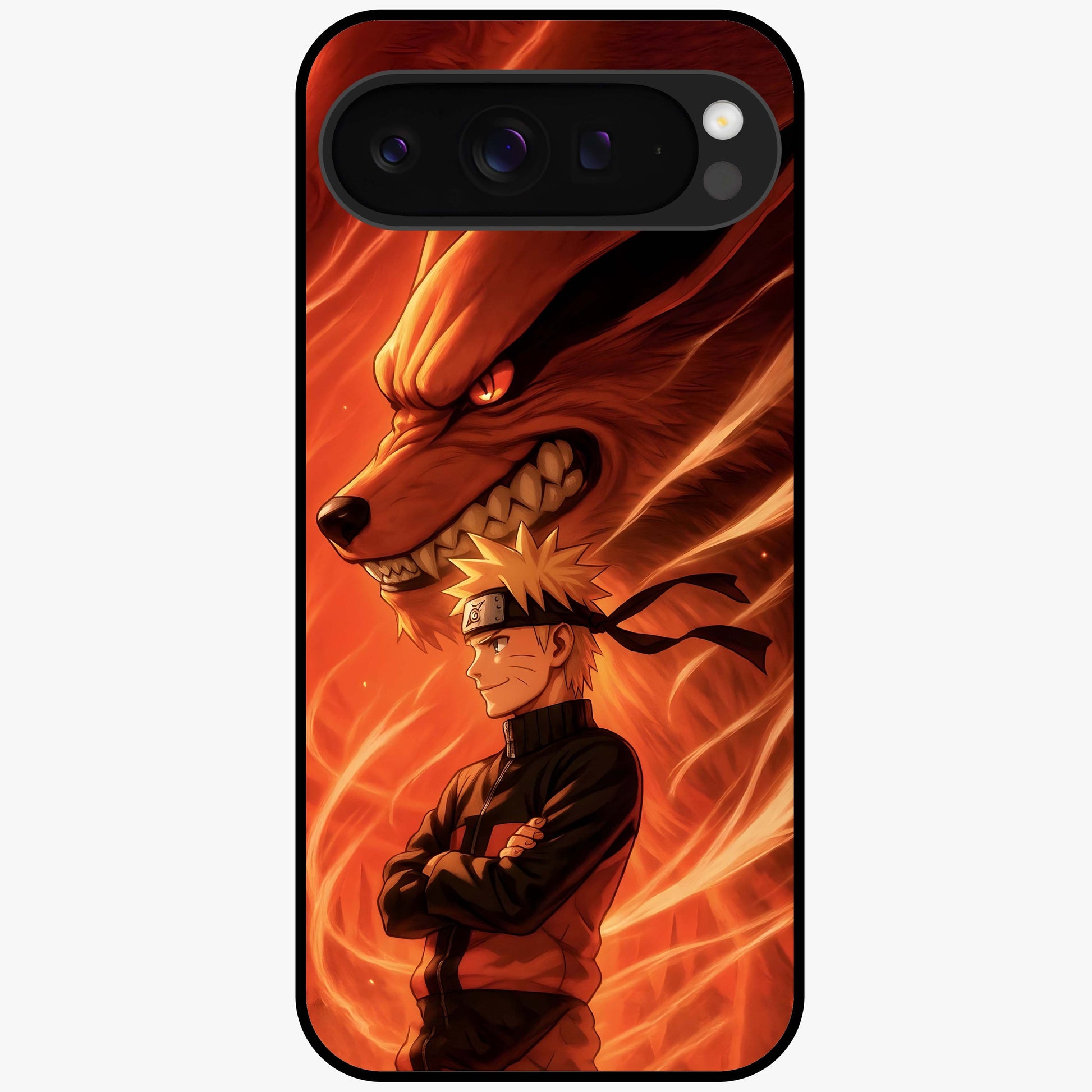 Nine Tails Legacy Glass Case showing flat back view with powerful nine-tailed fox inspired artwork and glossy glass finish.