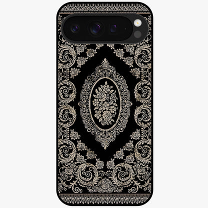 Noir Bloom Elegance Glass Case showing flat back view with elegant dark floral artwork and glossy glass finish.