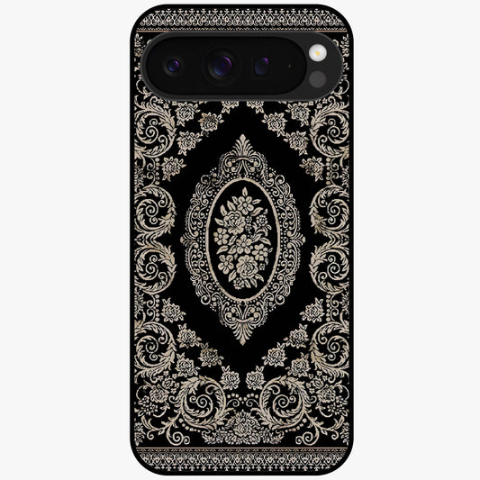 Noir Bloom Elegance Glass Case showing flat back view with elegant dark floral artwork and glossy glass finish.
