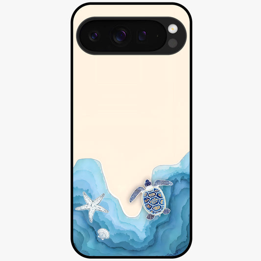 Ocean Drift Turtle Glass Case showing flat back view with sea turtle artwork and glossy glass finish.