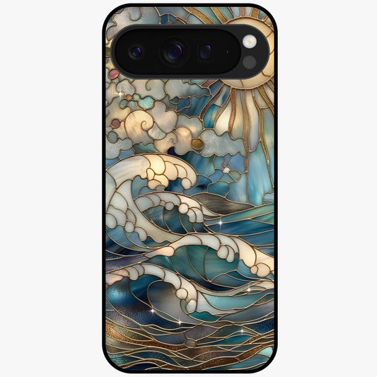 Oceanic Stained Printed Glass Case showing flat back view with ocean inspired stained pattern artwork and glossy glass finish.