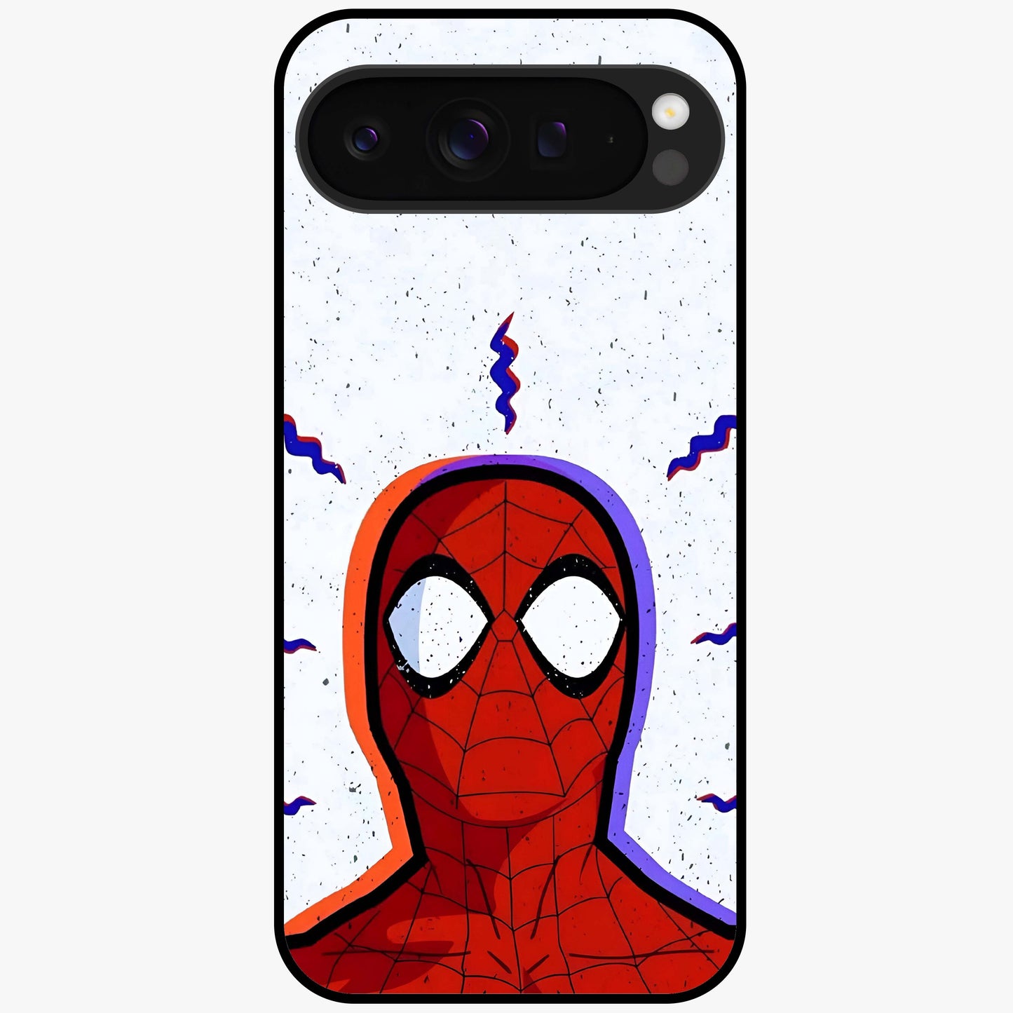 Omg Spiderman Glass Case showing flat back view with bold superhero inspired artwork and glossy glass finish.