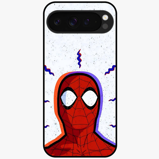 Omg Spiderman Glass Case showing flat back view with bold superhero inspired artwork and glossy glass finish.