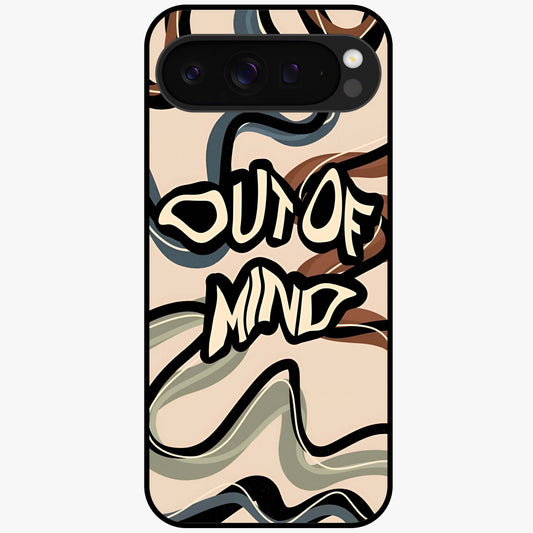 Out Of Mind Glass Case showing flat back view with expressive typography artwork and glossy glass finish.
