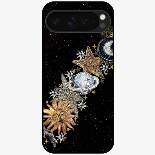 Pearls Universe Object Glass Case showing flat back view with pearl inspired cosmic artwork and glossy glass finish.