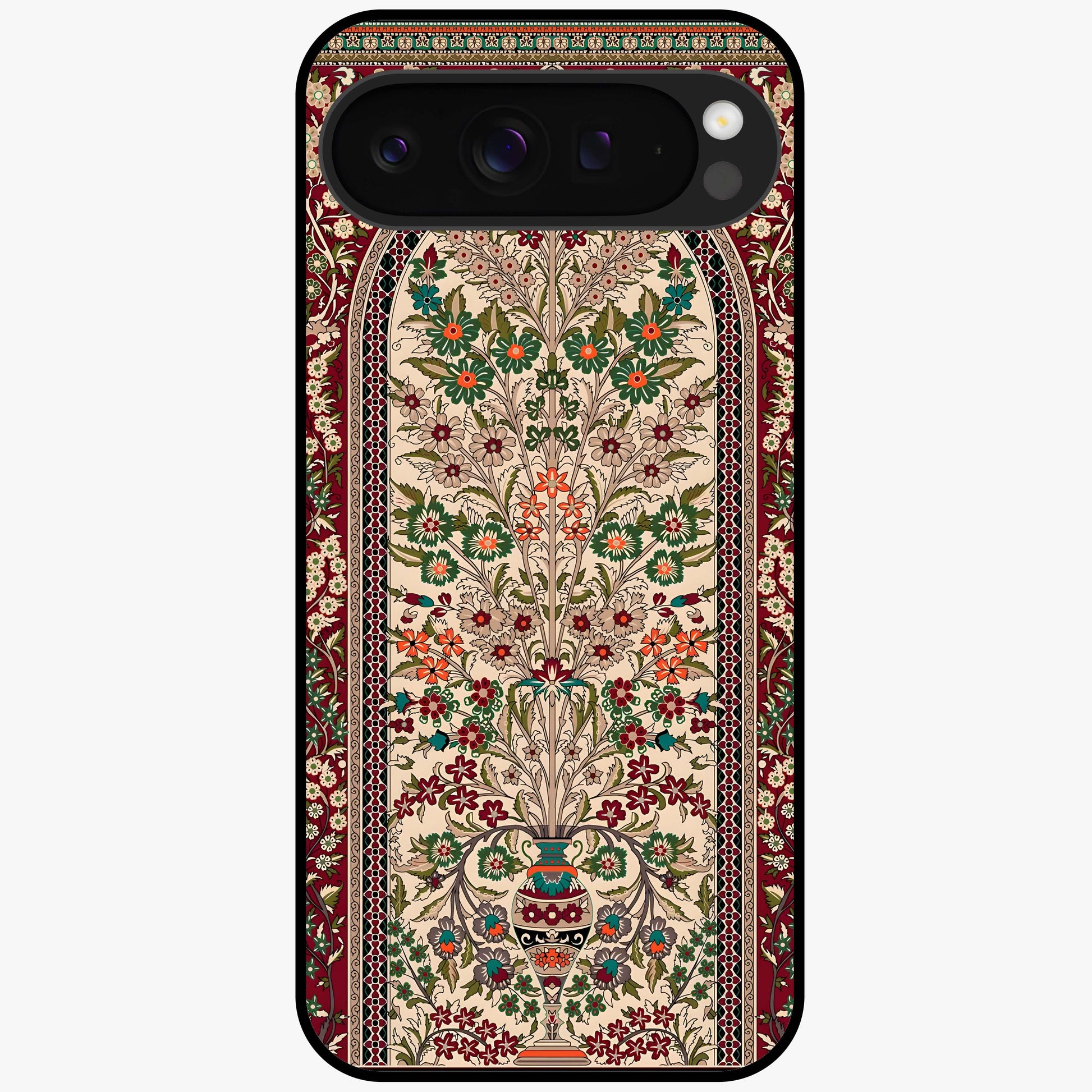 Persian Inspired Glass Case showing flat back view with ornate Persian style pattern artwork and glossy glass finish.