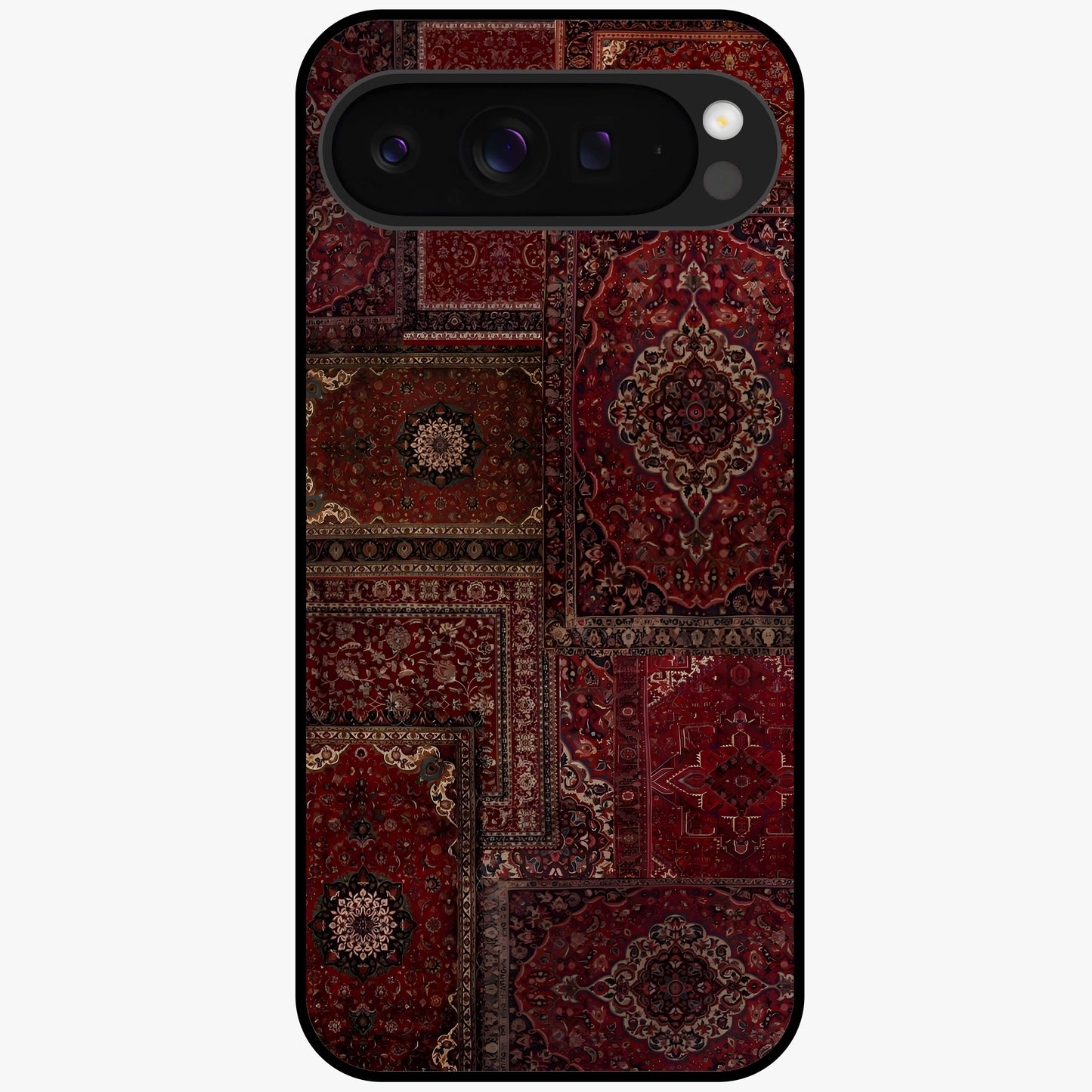 Persian Velvet Tale Glass Case showing flat back view with luxurious Persian velvet pattern artwork and glossy glass finish.