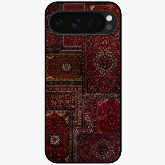 Persian Velvet Tale Glass Case showing flat back view with luxurious Persian velvet pattern artwork and glossy glass finish.