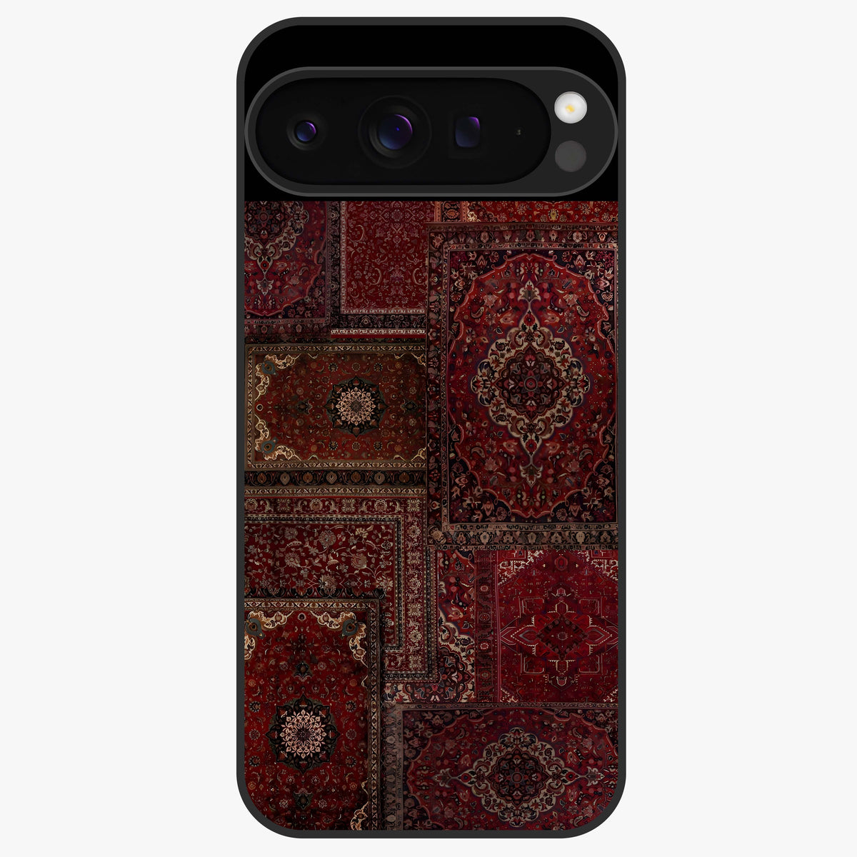 Persian Velvet Tale Glass Case showing flat back view with luxurious Persian velvet pattern artwork and glossy glass finish.