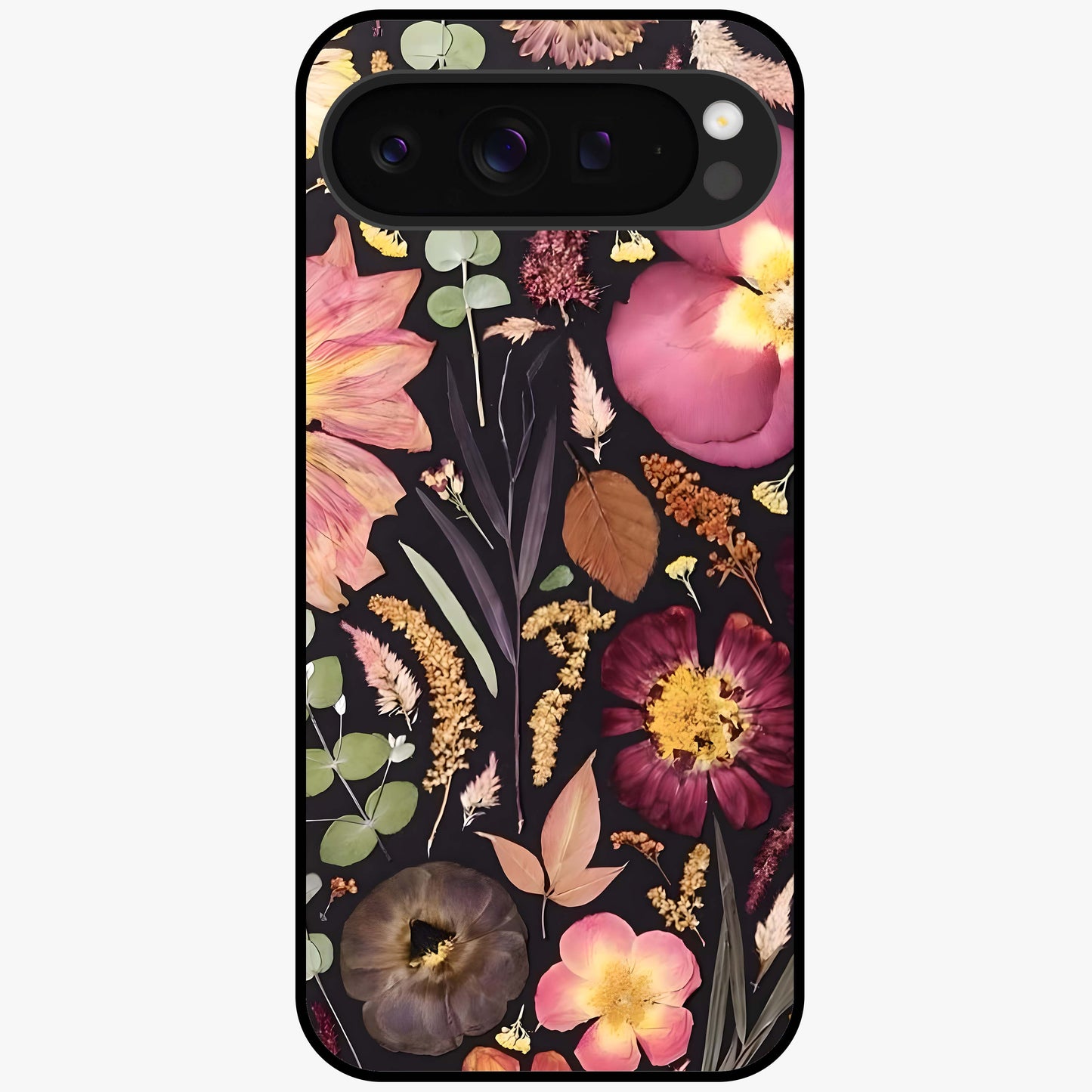 Petal Dream Tapestry Glass Case showing flat back view with intricate floral tapestry artwork and glossy glass finish.