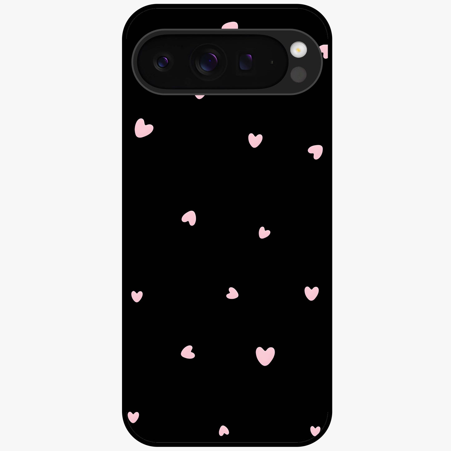 Pink Love Drops Glass Case showing flat back view with playful pink heart drops artwork and glossy glass finish.