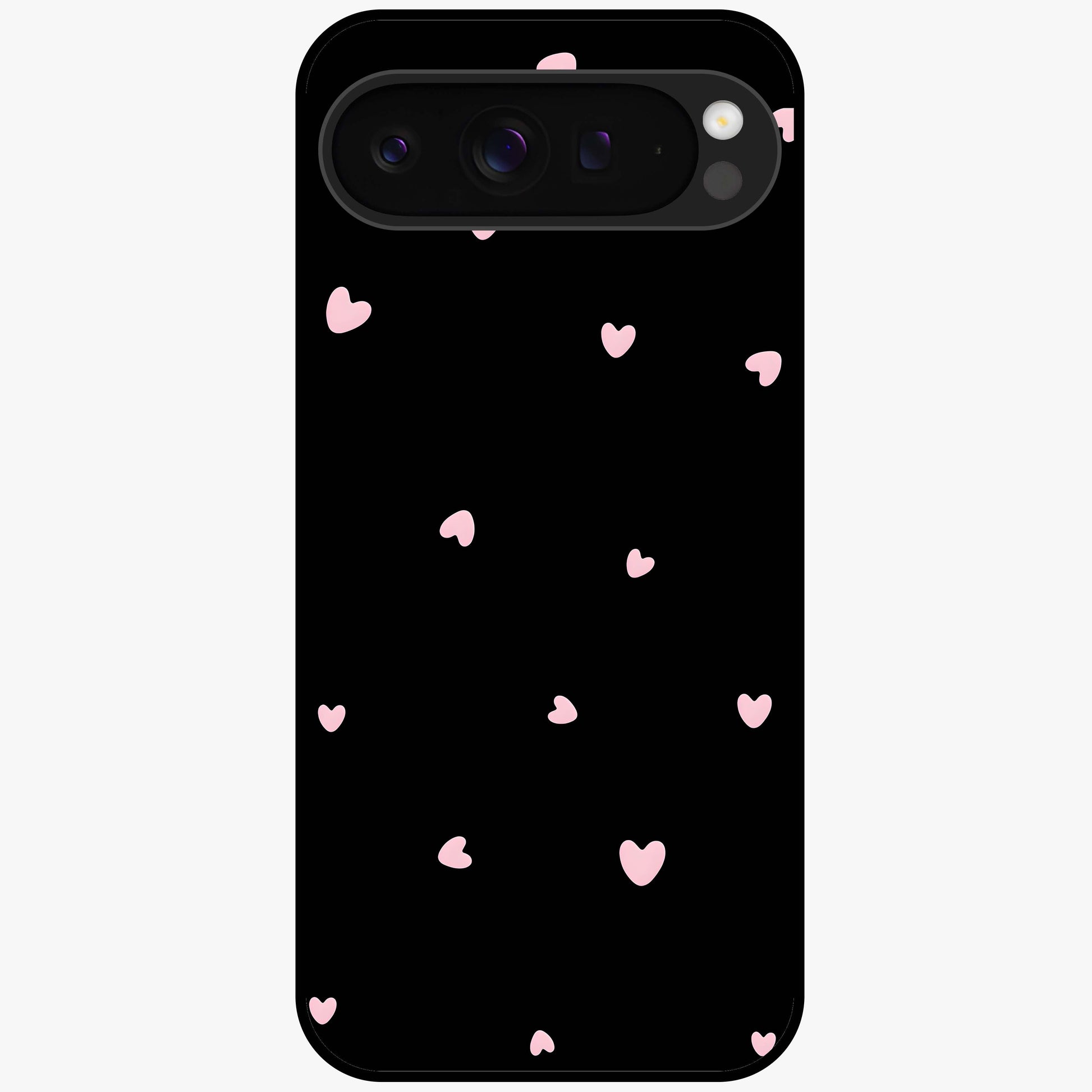 Pink Love Drops Glass Case showing flat back view with playful pink heart drops artwork and glossy glass finish.