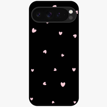 Pink Love Drops Glass Case showing flat back view with playful pink heart drops artwork and glossy glass finish.
