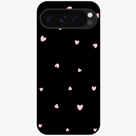 Pink Love Drops Glass Case showing flat back view with playful pink heart drops artwork and glossy glass finish.