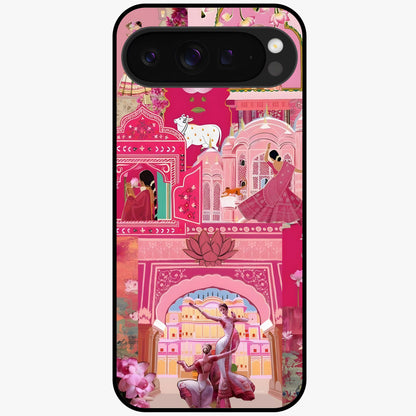 Pink Palace Muse Glass Case showing flat back view with elegant palace inspired artwork and glossy glass finish.