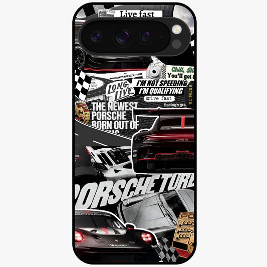 Porsche Racing Collage Glass Case showing flat back view with sports car racing collage artwork and glossy glass finish.
