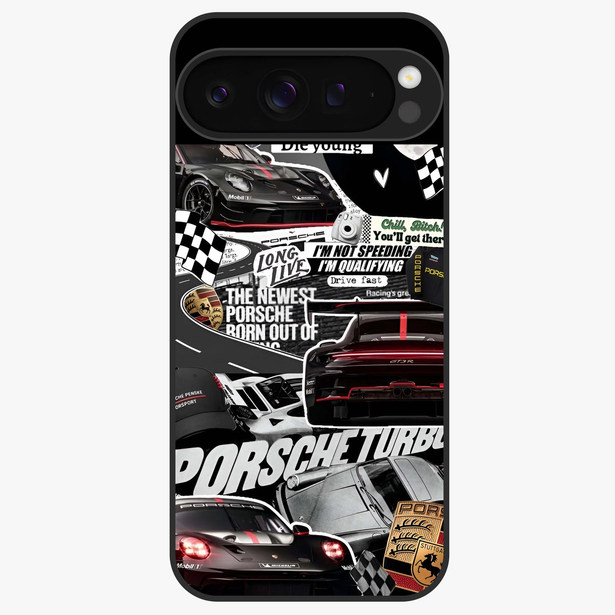 Porsche Racing Collage Glass Case showing flat back view with sports car racing collage artwork and glossy glass finish.