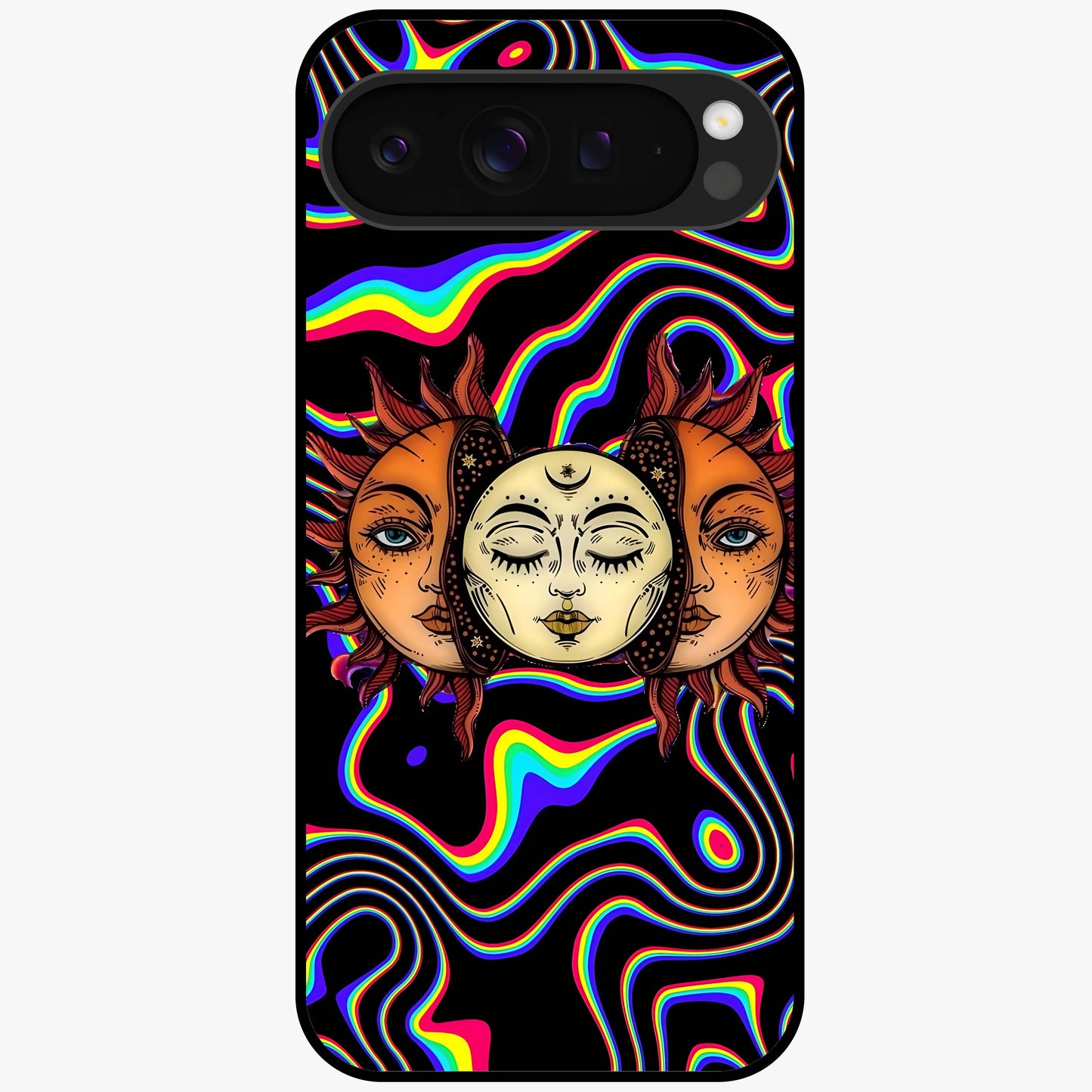 Psychedelic Sun Glass Case showing flat back view with colorful psychedelic sun artwork and glossy glass finish.