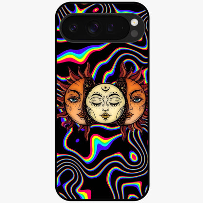 Psychedelic Sun Glass Case showing flat back view with colorful psychedelic sun artwork and glossy glass finish.