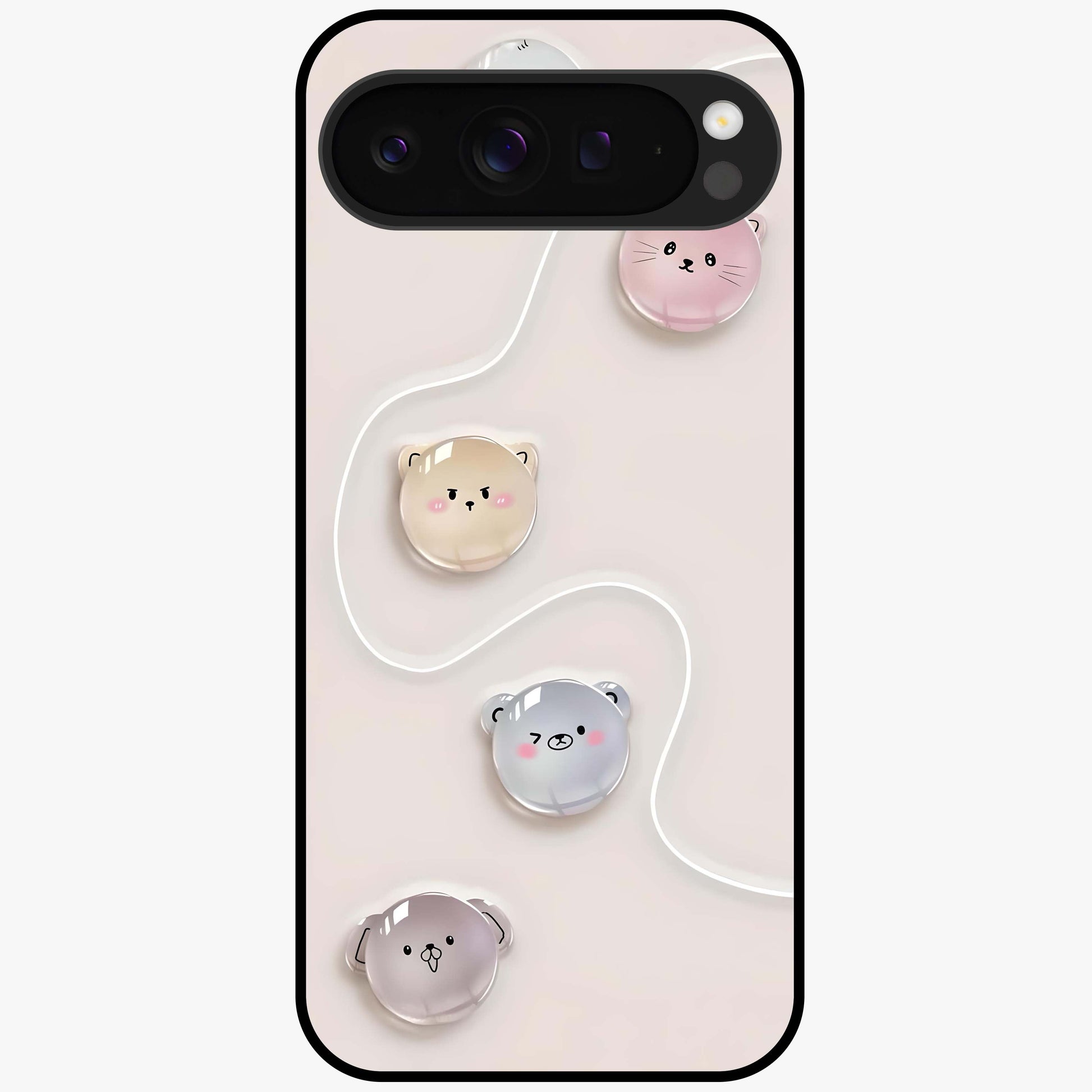 Puffy Face Parade Glass Case showing flat back view with cute puffy character faces artwork and glossy glass finish.