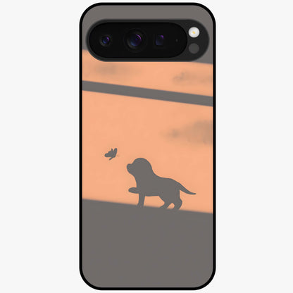 Puppy Shadow Art Glass Case showing flat back view with cute puppy shadow style artwork and glossy glass finish.