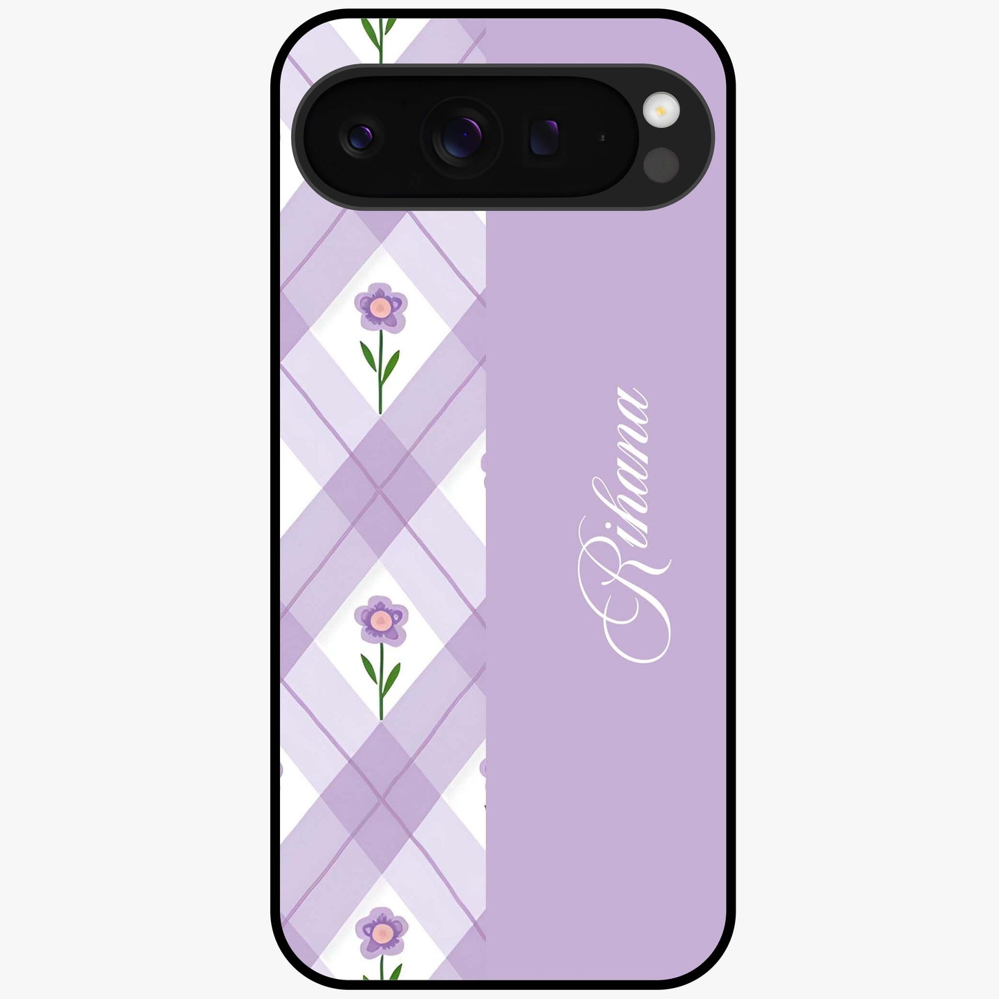 Purple Diamond Floral Glass Case showing flat back view with diamond shaped floral artwork and glossy glass finish.
