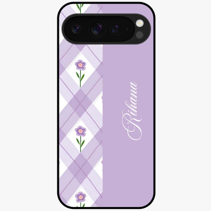 Purple Diamond Floral Glass Case showing flat back view with diamond shaped floral artwork and glossy glass finish.